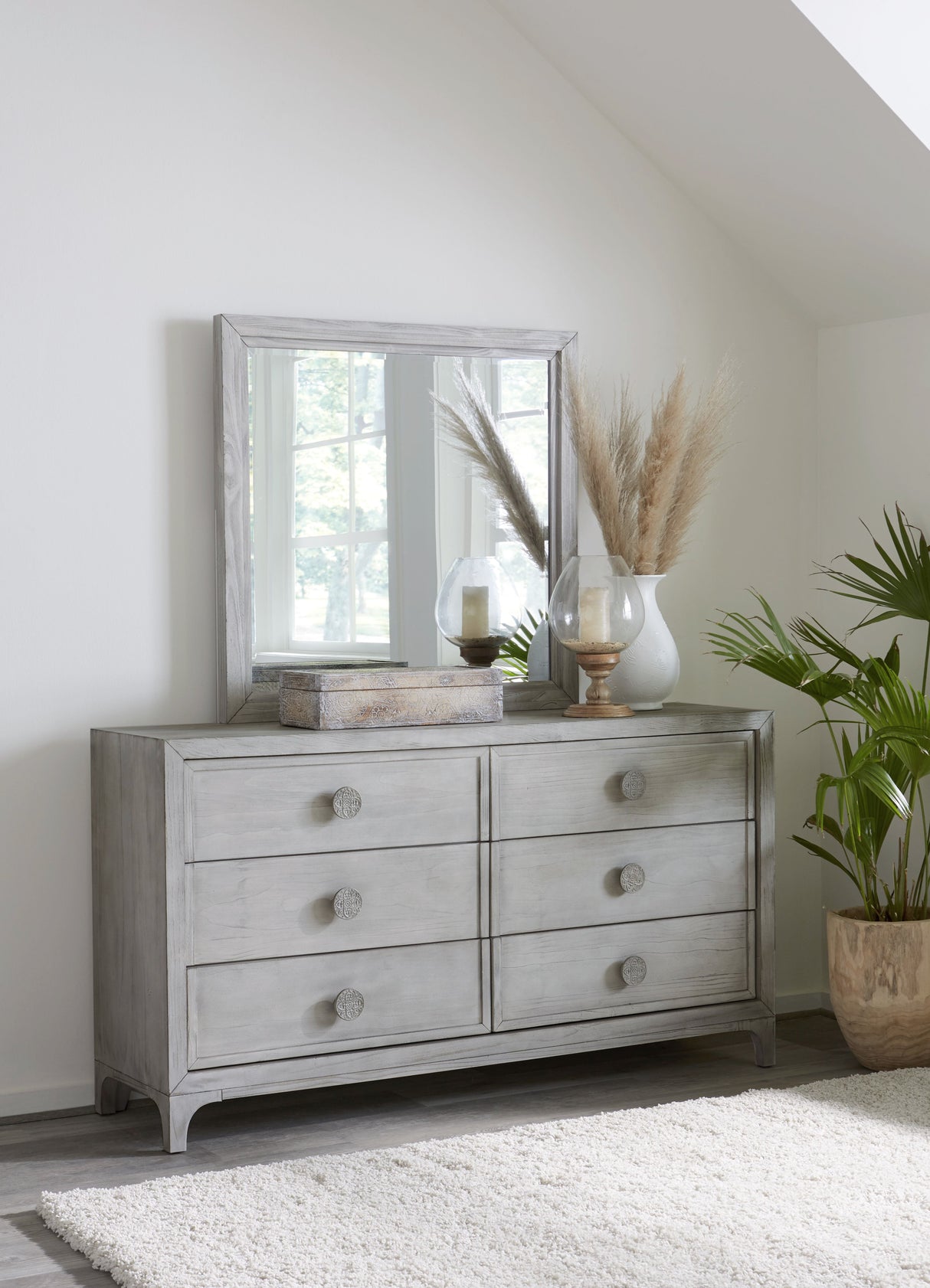 Boho Chic Six-Drawer Dresser in Washed White by Modus Furniture at Eve Furniture