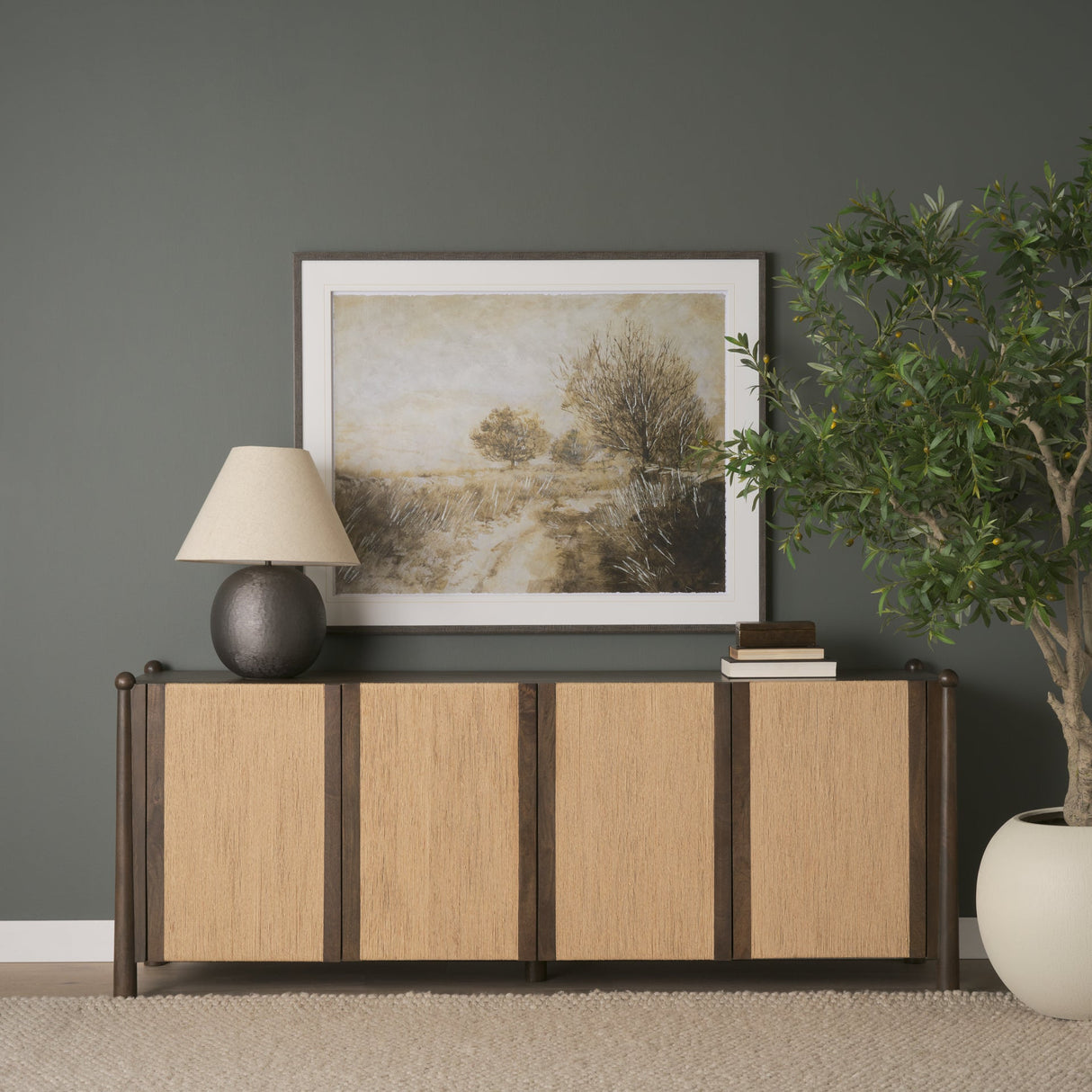 Bondi Dark Brown Wood w/ Paper Rope 4 Door Closed Sideboard by Mercana at Eve Furniture