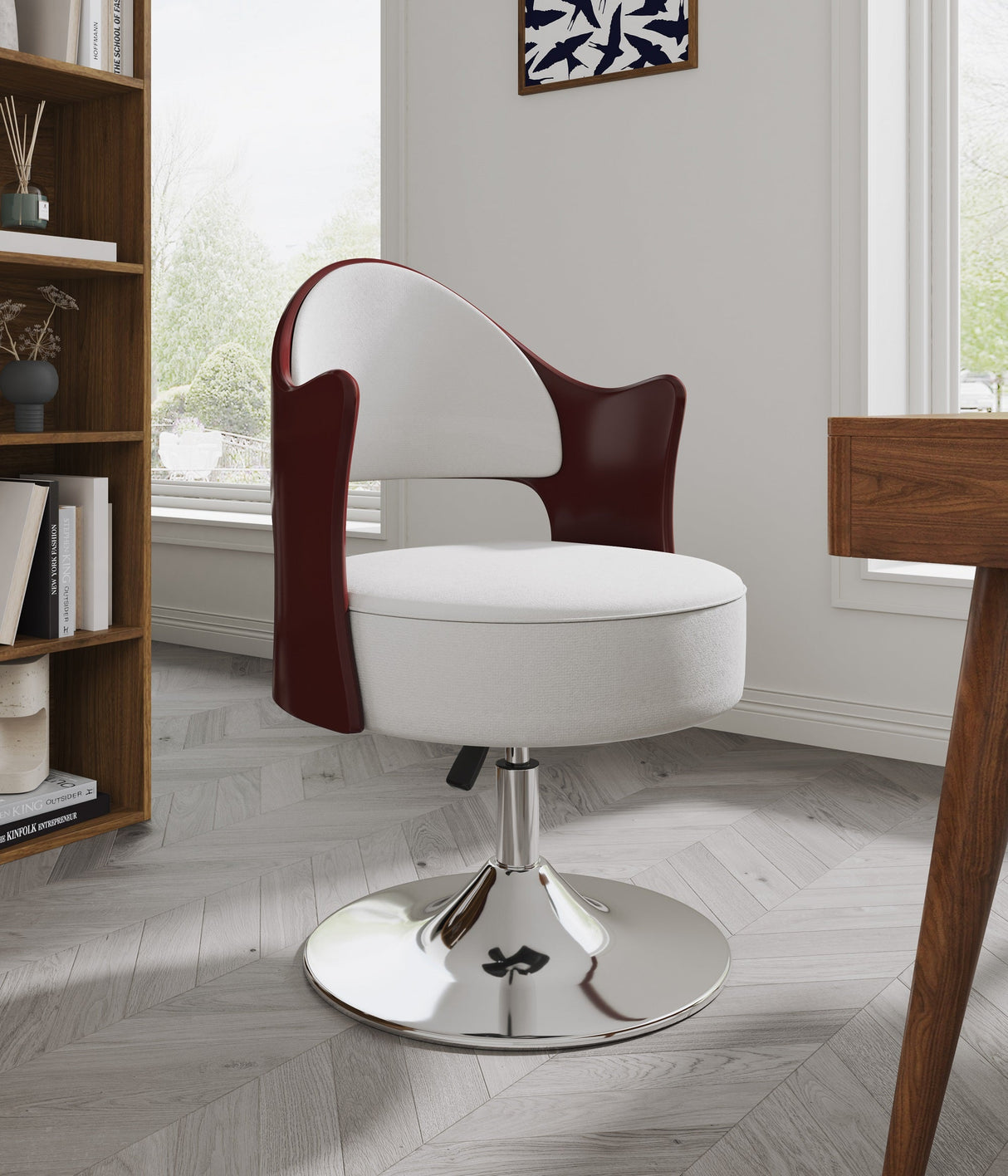 Bopper Adjustable Height Swivel Accent Chair in White and Polished Chrome by Manhattan Comfort at Eve Furniture