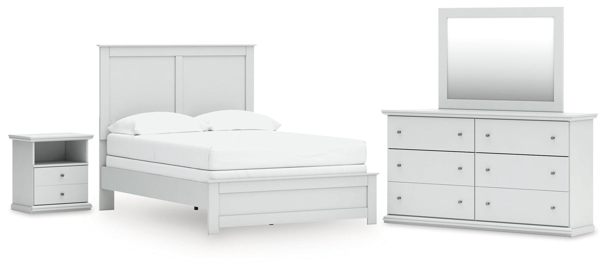Bostwick Shoals Full Panel Bed with Mirrored Dresser and Nightstand in White by Ashley at Eve Furniture
