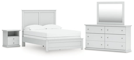 Bostwick Shoals Full Panel Bed with Mirrored Dresser and Nightstand in White by Ashley at Eve Furniture