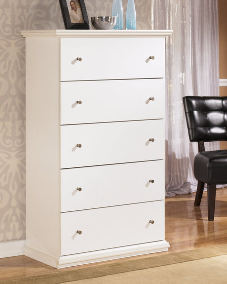 Bostwick Shoals Full Panel Bed with Mirrored Dresser, Chest and 2 Nightstands in White by Ashley at Eve Furniture