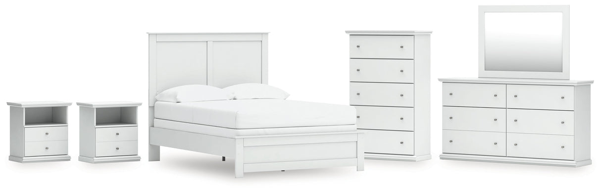 Bostwick Shoals Full Panel Bed with Mirrored Dresser, Chest and 2 Nightstands in White by Ashley at Eve Furniture