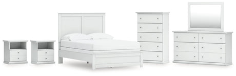 Bostwick Shoals Full Panel Bed with Mirrored Dresser, Chest and 2 Nightstands in White by Ashley at Eve Furniture