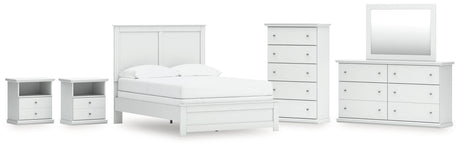 Bostwick Shoals Full Panel Bed with Mirrored Dresser, Chest and 2 Nightstands in White by Ashley at Eve Furniture