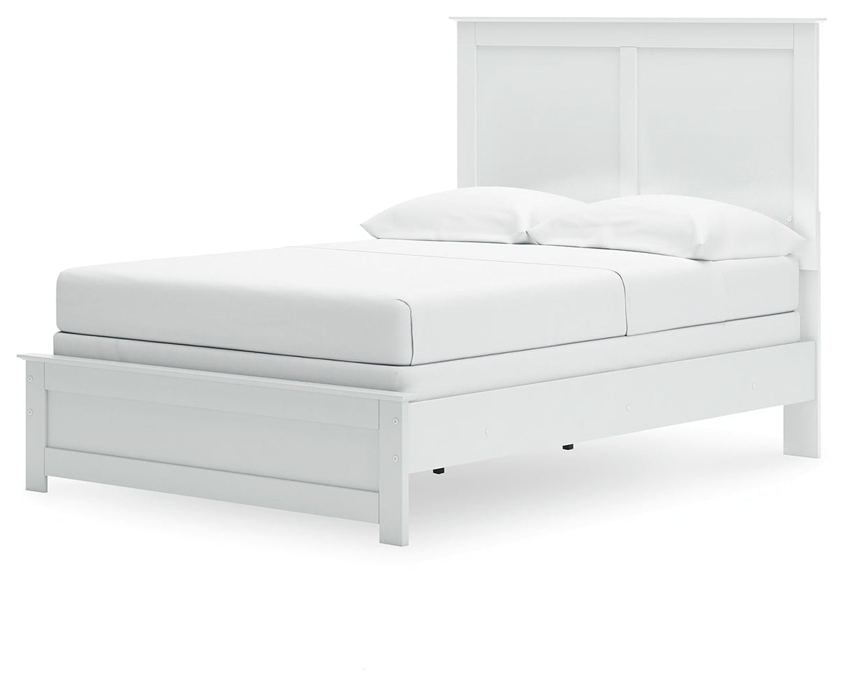 Bostwick Shoals Full Panel Bed with Mirrored Dresser, Chest and Nightstand in White by Ashley at Eve Furniture