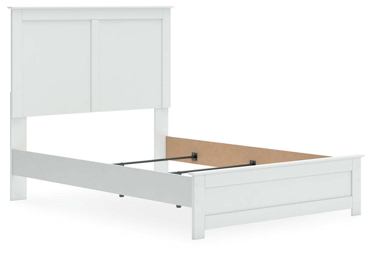 Bostwick Shoals Full Panel Bed with Mirrored Dresser, Chest and Nightstand in White by Ashley at Eve Furniture