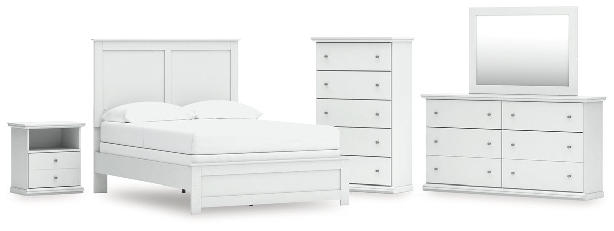 Bostwick Shoals Full Panel Bed with Mirrored Dresser, Chest and Nightstand in White by Ashley at Eve Furniture