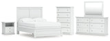 Bostwick Shoals Full Panel Bed with Mirrored Dresser, Chest and Nightstand in White by Ashley at Eve Furniture