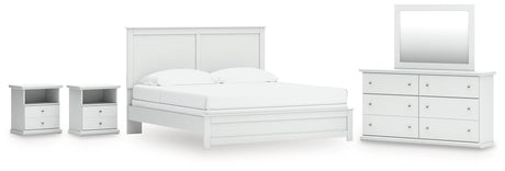 Bostwick Shoals King Panel Bed with Mirrored Dresser and 2 Nightstands in White by Ashley at Eve Furniture