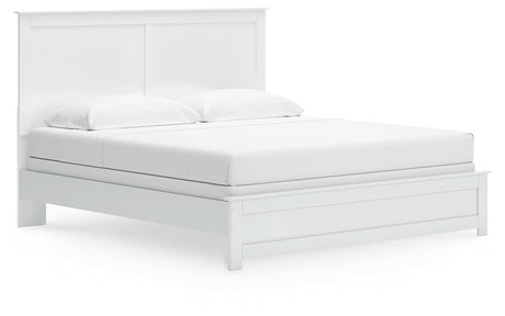 Bostwick Shoals King Panel Bed with Mirrored Dresser and Chest in White by Ashley at Eve Furniture
