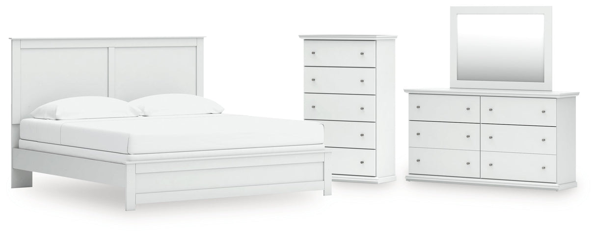 Bostwick Shoals King Panel Bed with Mirrored Dresser and Chest in White by Ashley at Eve Furniture