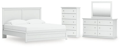 Bostwick Shoals King Panel Bed with Mirrored Dresser and Chest in White by Ashley at Eve Furniture