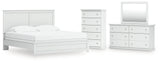 Bostwick Shoals King Panel Bed with Mirrored Dresser and Chest in White by Ashley at Eve Furniture