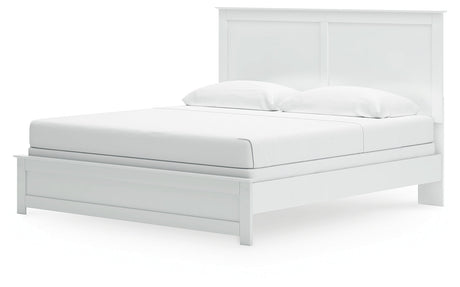 Bostwick Shoals King Panel Bed with Mirrored Dresser and Nightstand in White by Ashley at Eve Furniture