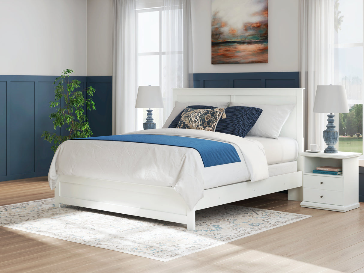 Bostwick Shoals King Panel Bed with Mirrored Dresser and Nightstand in White by Ashley at Eve Furniture