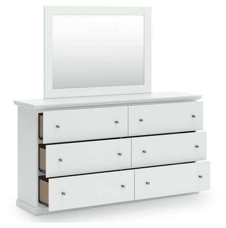 Bostwick Shoals King Panel Bed with Mirrored Dresser and Nightstand in White by Ashley at Eve Furniture