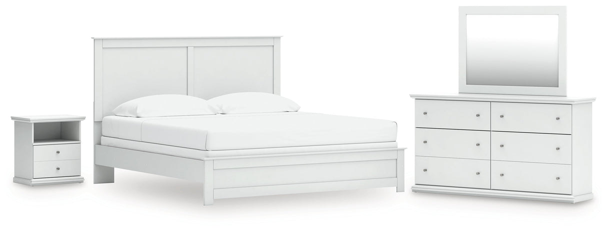 Bostwick Shoals King Panel Bed with Mirrored Dresser and Nightstand in White by Ashley at Eve Furniture