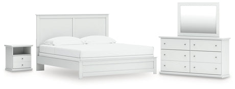 Bostwick Shoals King Panel Bed with Mirrored Dresser and Nightstand in White by Ashley at Eve Furniture