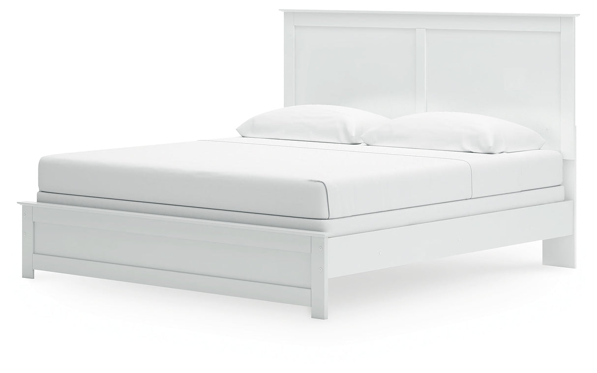 Bostwick Shoals King Panel Bed with Mirrored Dresser, Chest and 2 Nightstands in White by Ashley at Eve Furniture