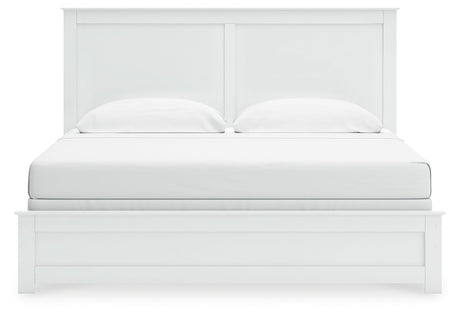 Bostwick Shoals King Panel Bed with Mirrored Dresser, Chest and 2 Nightstands in White by Ashley at Eve Furniture