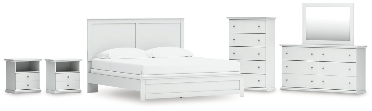 Bostwick Shoals King Panel Bed with Mirrored Dresser, Chest and 2 Nightstands in White by Ashley at Eve Furniture