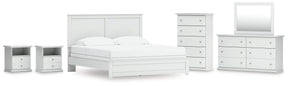 Bostwick Shoals King Panel Bed with Mirrored Dresser, Chest and 2 Nightstands in White by Ashley at Eve Furniture
