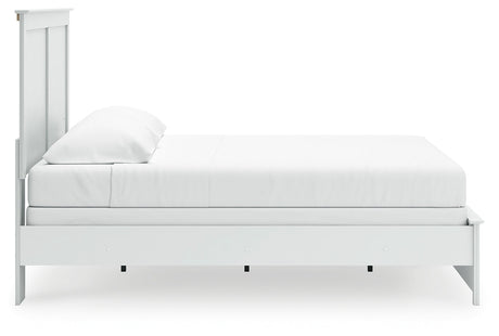 Bostwick Shoals King Panel Bed with Mirrored Dresser, Chest and Nightstand in White by Ashley at Eve Furniture