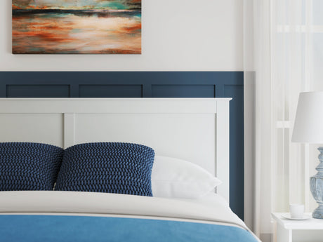 Bostwick Shoals King Panel Bed with Mirrored Dresser, Chest and Nightstand in White by Ashley at Eve Furniture