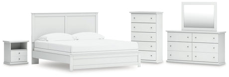 Bostwick Shoals King Panel Bed with Mirrored Dresser, Chest and Nightstand in White by Ashley at Eve Furniture