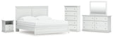 Bostwick Shoals King Panel Bed with Mirrored Dresser, Chest and Nightstand in White by Ashley at Eve Furniture