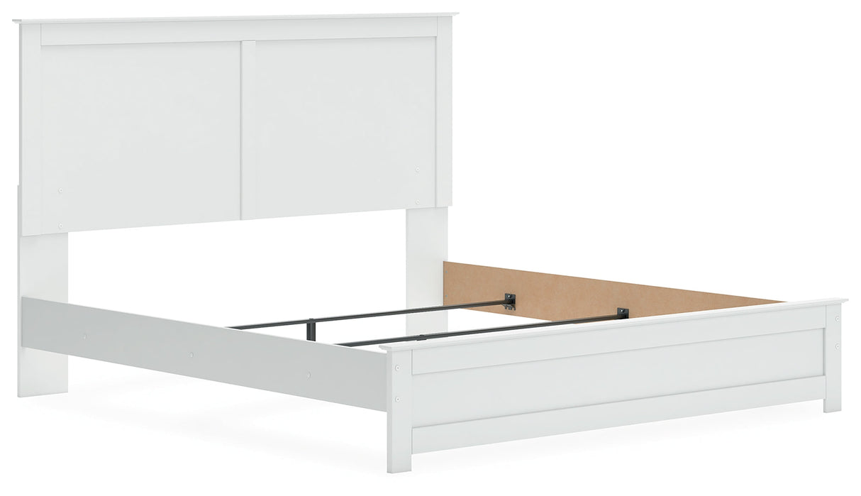Bostwick Shoals King Panel Bed with Mirrored Dresser in White by Ashley at Eve Furniture