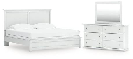 Bostwick Shoals King Panel Bed with Mirrored Dresser in White by Ashley at Eve Furniture