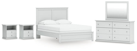 Bostwick Shoals Queen Panel Bed with Mirrored Dresser and 2 Nightstands in White by Ashley at Eve Furniture
