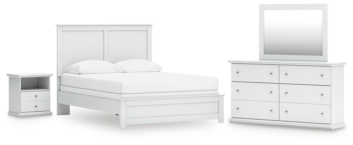 Bostwick Shoals Queen Panel Bed with Mirrored Dresser and Nightstand in White by Ashley at Eve Furniture