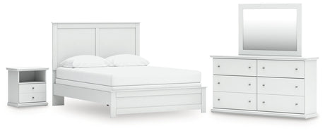 Bostwick Shoals Queen Panel Bed with Mirrored Dresser and Nightstand in White by Ashley at Eve Furniture