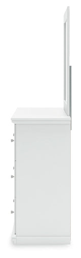Bostwick Shoals Queen Panel Bed with Mirrored Dresser, Chest and 2 Nightstands in White by Ashley at Eve Furniture