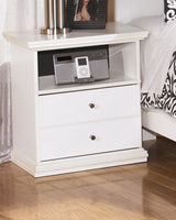 Bostwick Shoals Queen Panel Bed with Mirrored Dresser, Chest and 2 Nightstands in White by Ashley at Eve Furniture