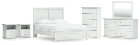 Bostwick Shoals Queen Panel Bed with Mirrored Dresser, Chest and 2 Nightstands in White by Ashley at Eve Furniture