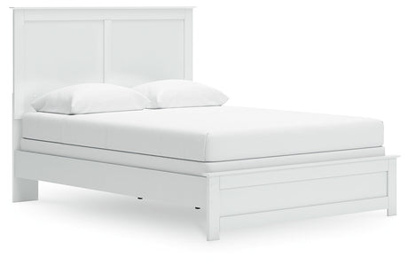 Bostwick Shoals Queen Panel Bed with Mirrored Dresser, Chest and Nightstand in White by Ashley at Eve Furniture