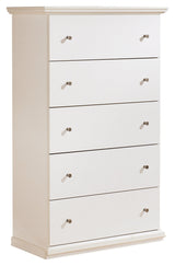 Bostwick Shoals Queen Panel Bed with Mirrored Dresser, Chest and Nightstand in White by Ashley at Eve Furniture