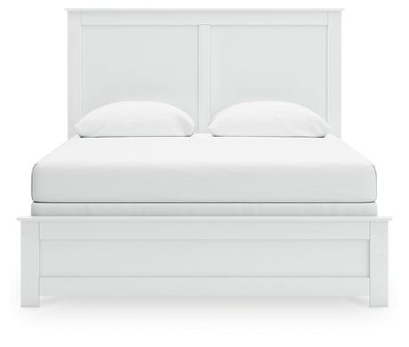 Bostwick Shoals Queen Panel Bed with Mirrored Dresser, Chest and Nightstand in White by Ashley at Eve Furniture