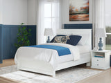Bostwick Shoals Queen Panel Bed with Mirrored Dresser, Chest and Nightstand in White by Ashley at Eve Furniture