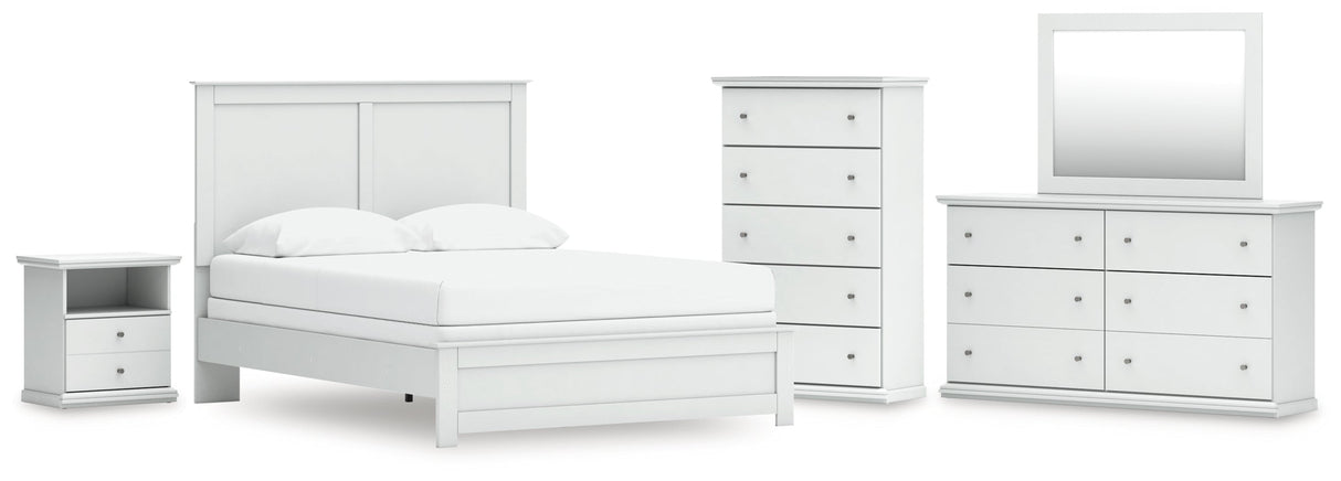 Bostwick Shoals Queen Panel Bed with Mirrored Dresser, Chest and Nightstand in White by Ashley at Eve Furniture