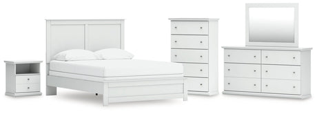 Bostwick Shoals Queen Panel Bed with Mirrored Dresser, Chest and Nightstand in White by Ashley at Eve Furniture