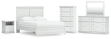 Bostwick Shoals Queen Panel Bed with Mirrored Dresser, Chest and Nightstand in White by Ashley at Eve Furniture