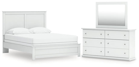 Bostwick Shoals Queen Panel Bed with Mirrored Dresser in White by Ashley at Eve Furniture