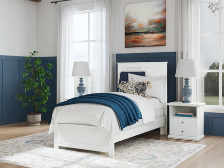 Bostwick Shoals Twin Panel Bed with Mirrored Dresser and 2 Nightstands in White by Ashley at Eve Furniture