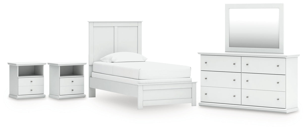 Bostwick Shoals Twin Panel Bed with Mirrored Dresser and 2 Nightstands in White by Ashley at Eve Furniture