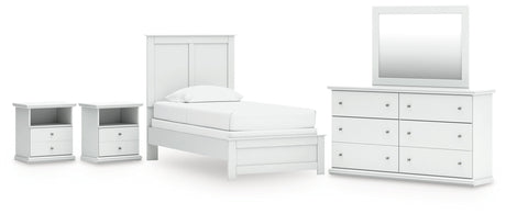 Bostwick Shoals Twin Panel Bed with Mirrored Dresser and 2 Nightstands in White by Ashley at Eve Furniture